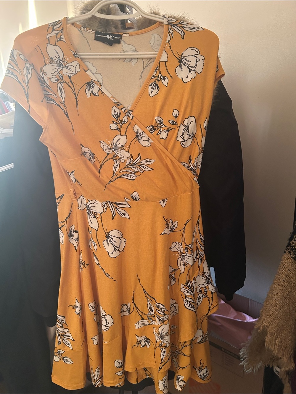 INC International Concepts Yellow Floral Faux-Wrap Mini Dress